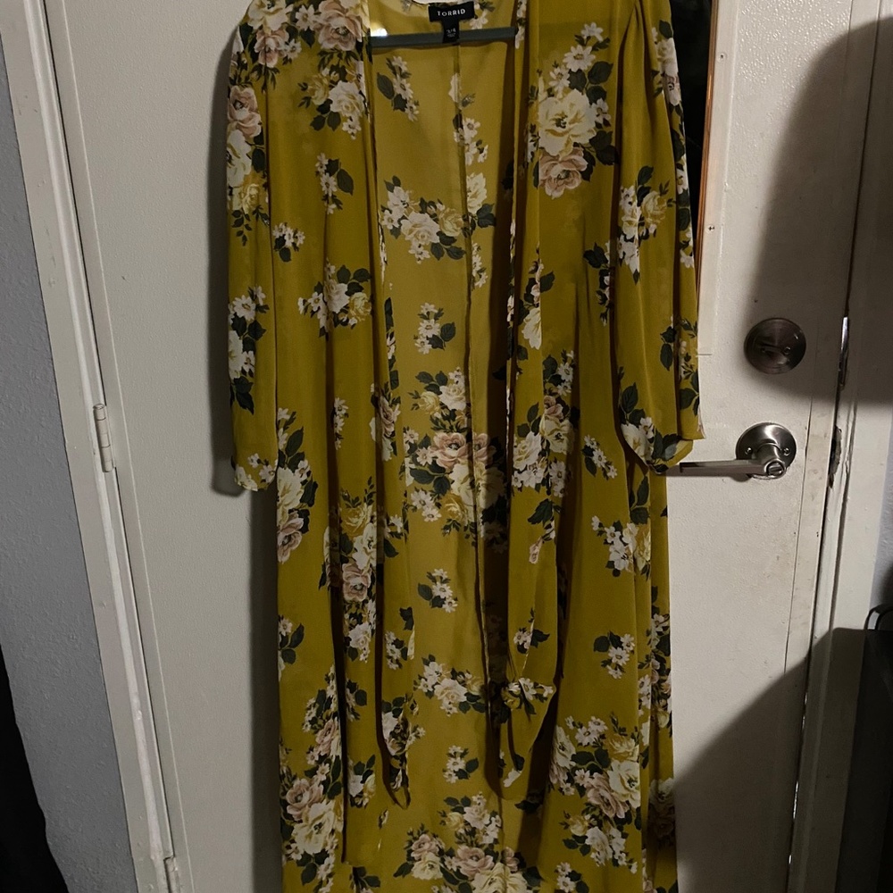 Mustard yellow with floral kimono